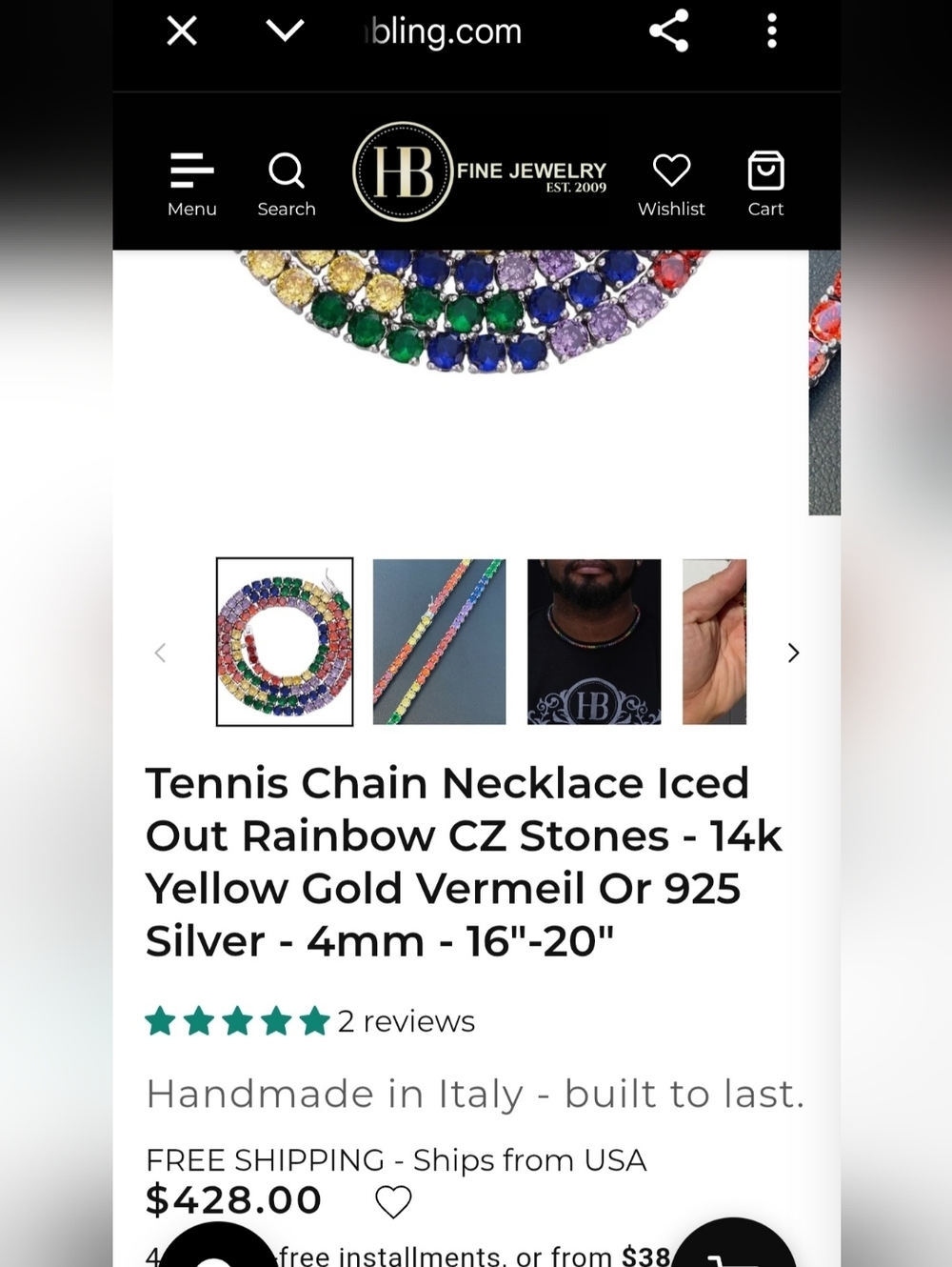 Tennis Chain SOLID 925 Gold Vermeil/ Single Row Rainbow CZ Necklace 20" - Picture 3 of 8